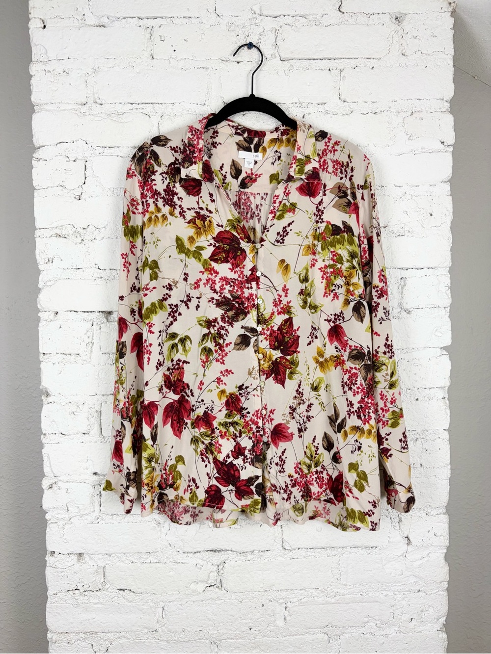 J. Jill Floral Shell Button Blouse Rayon Beige Pink Medium